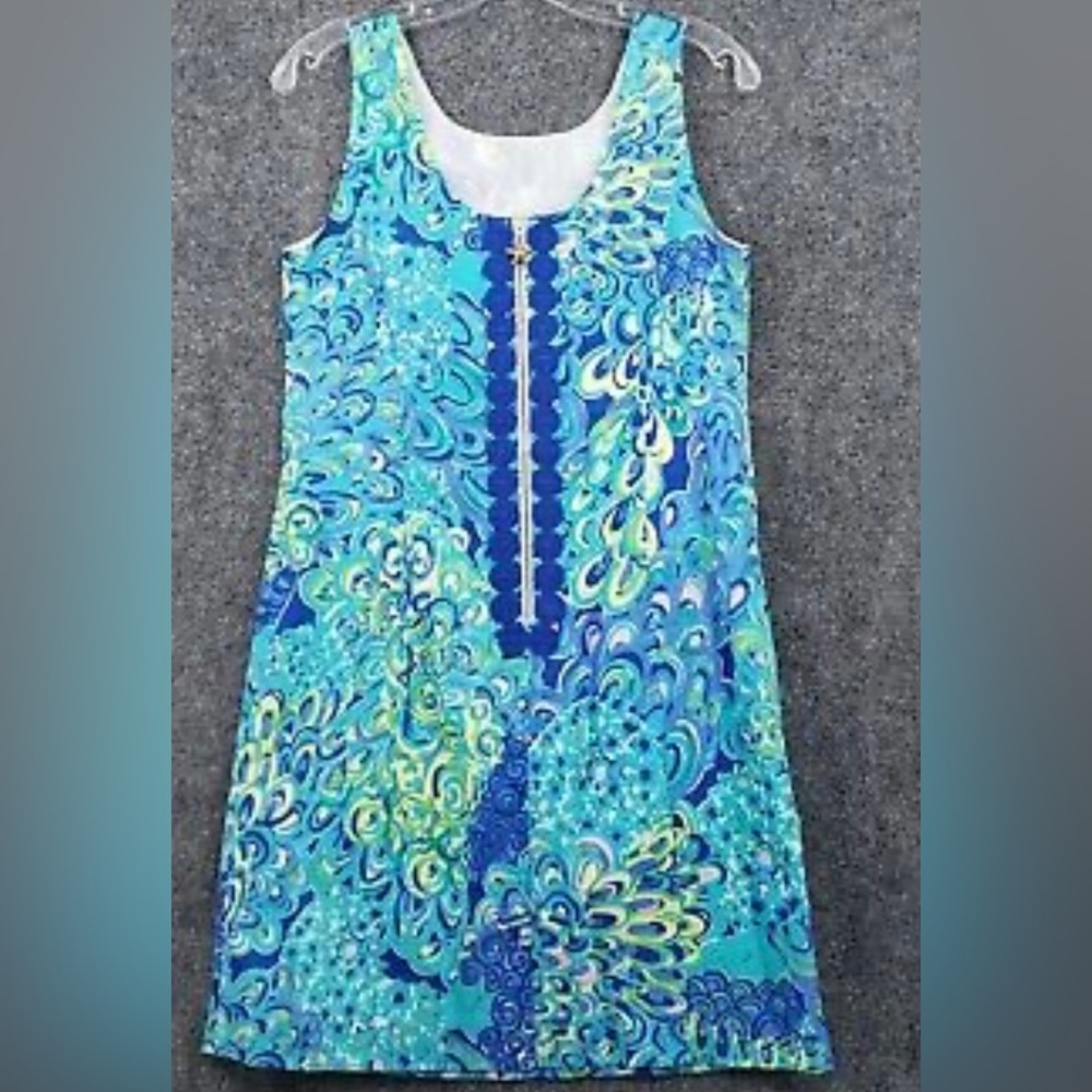 Lilly Pulitzer Blue Cathy Peacock Swirl Shift Dress EUC